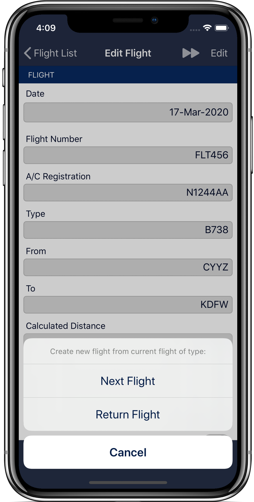 Next flight & return flight feature to quickly add flights.