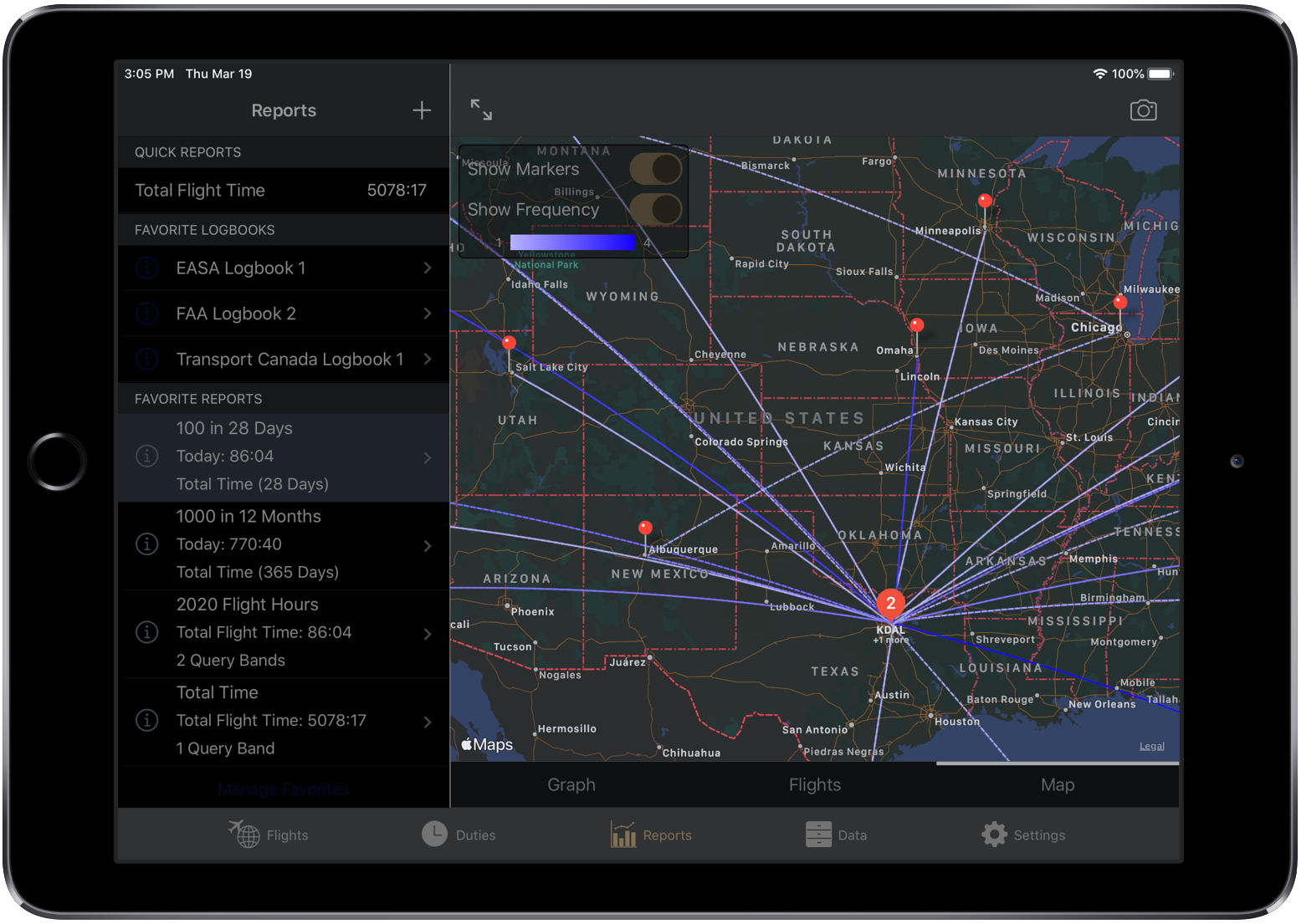 Map view of flights on a reports page in night mode.